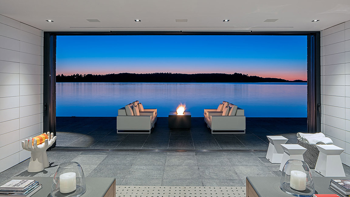 open seating area in front of lake